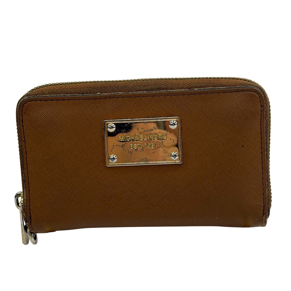 Michael Kors Brown Saffiano Leather Zip Around‎ Wallet Gold Logo Minimalist Chic